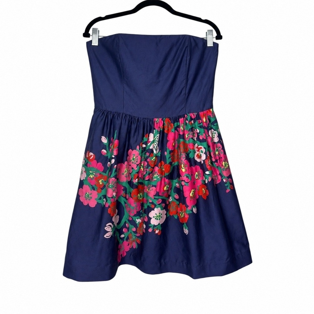 Lilly Pulitzer Lottie Strapless Fit & Flare Dress Mini Navy Cherry Mine Floral 8 - Picture 1 of 15